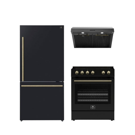 FORNO Premium 3-Piece Kitchen Bundle - Leonardo Espresso 30" Black Range, 30" Black Range Hood, 31" Black Refrigerator - FBDL-001-02CA